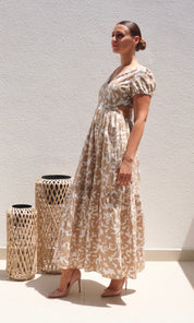 Female model wearing Savanna Open Back Dress - Beige- showcasing the latest ladies fashion with free delivery