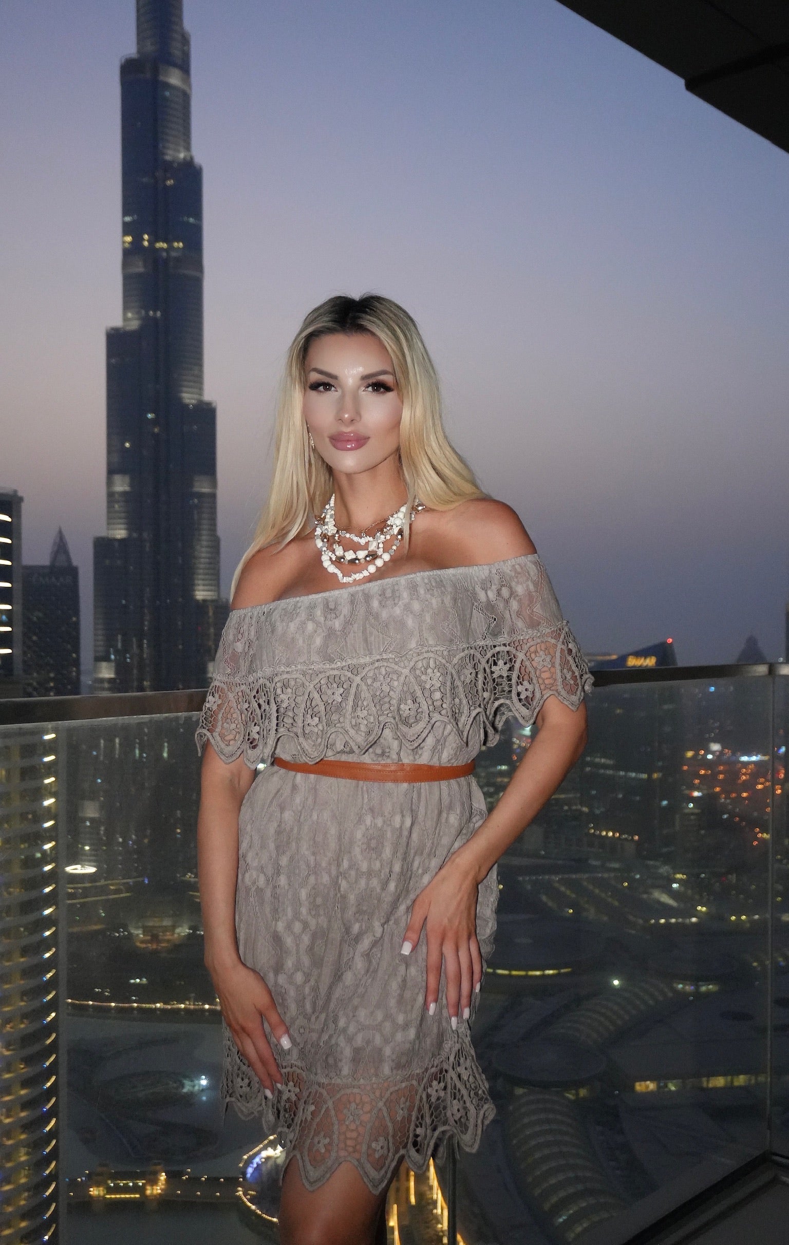 Saskia Lace Bardot Dress - Mocha