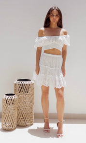 Female model wearing Claudia Co-ord - White- showcasing the latest ladies fashion with free delivery