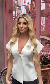 Female model wearing Angelica flower detail Jacket - White- showcasing the latest ladies fashion with free delivery