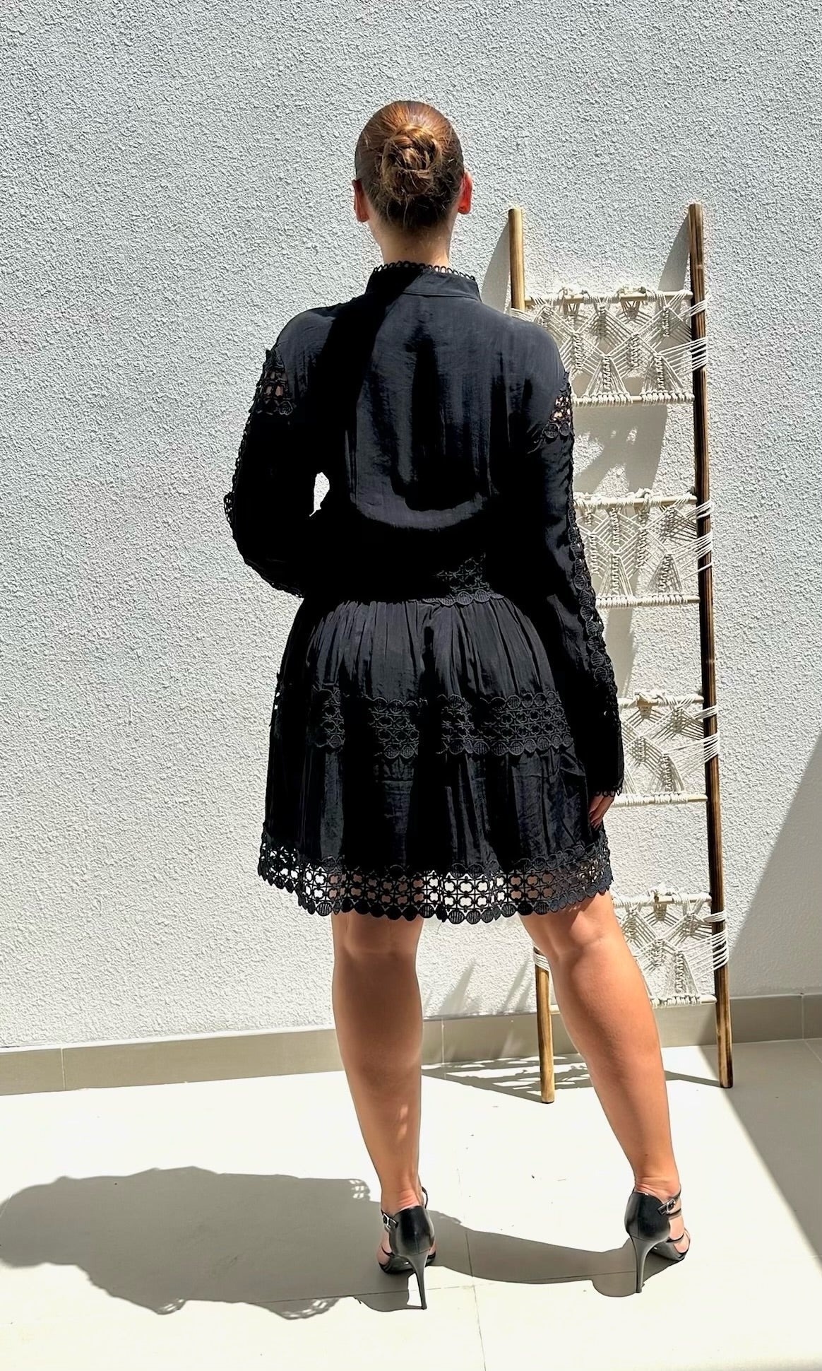 Female model wearing Erin Crochet Shirt Dress - Black- showcasing the latest ladies fashion with free delivery