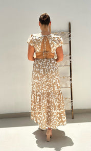 Female model wearing Savanna Open Back Dress - Beige- showcasing the latest ladies fashion with free delivery