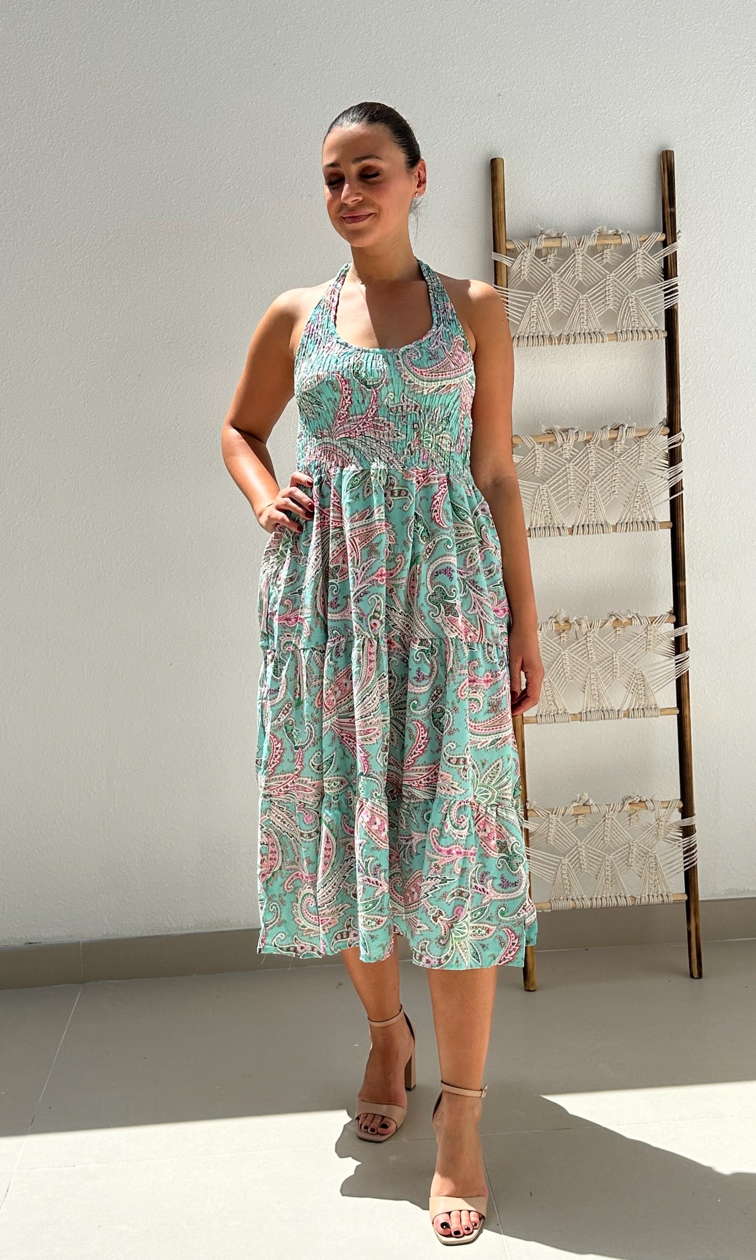 Luna Elasticated Halter Dress - Turquoise at Alorabella-Dress Luna Elasticated Halter Dress - Turquoise at Alorabella-Dress