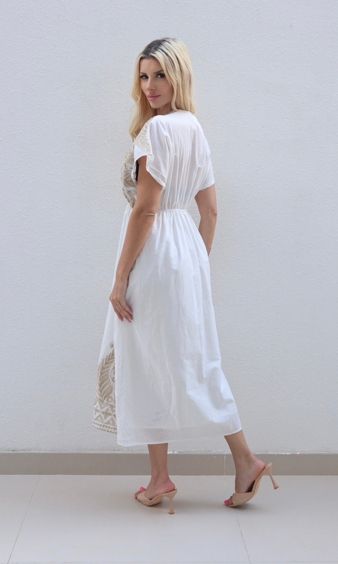 Female model wearing Zara Gold Embroidered Midi Dress - White- showcasing the latest ladies fashion with free delivery
