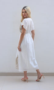 Female model wearing Zara Gold Embroidered Midi Dress - White- showcasing the latest ladies fashion with free delivery