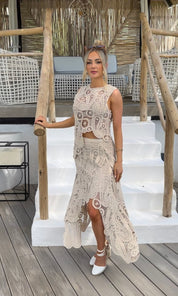 Female model wearing Tianna Crochet Top - Natural- showcasing the latest ladies fashion with free delivery