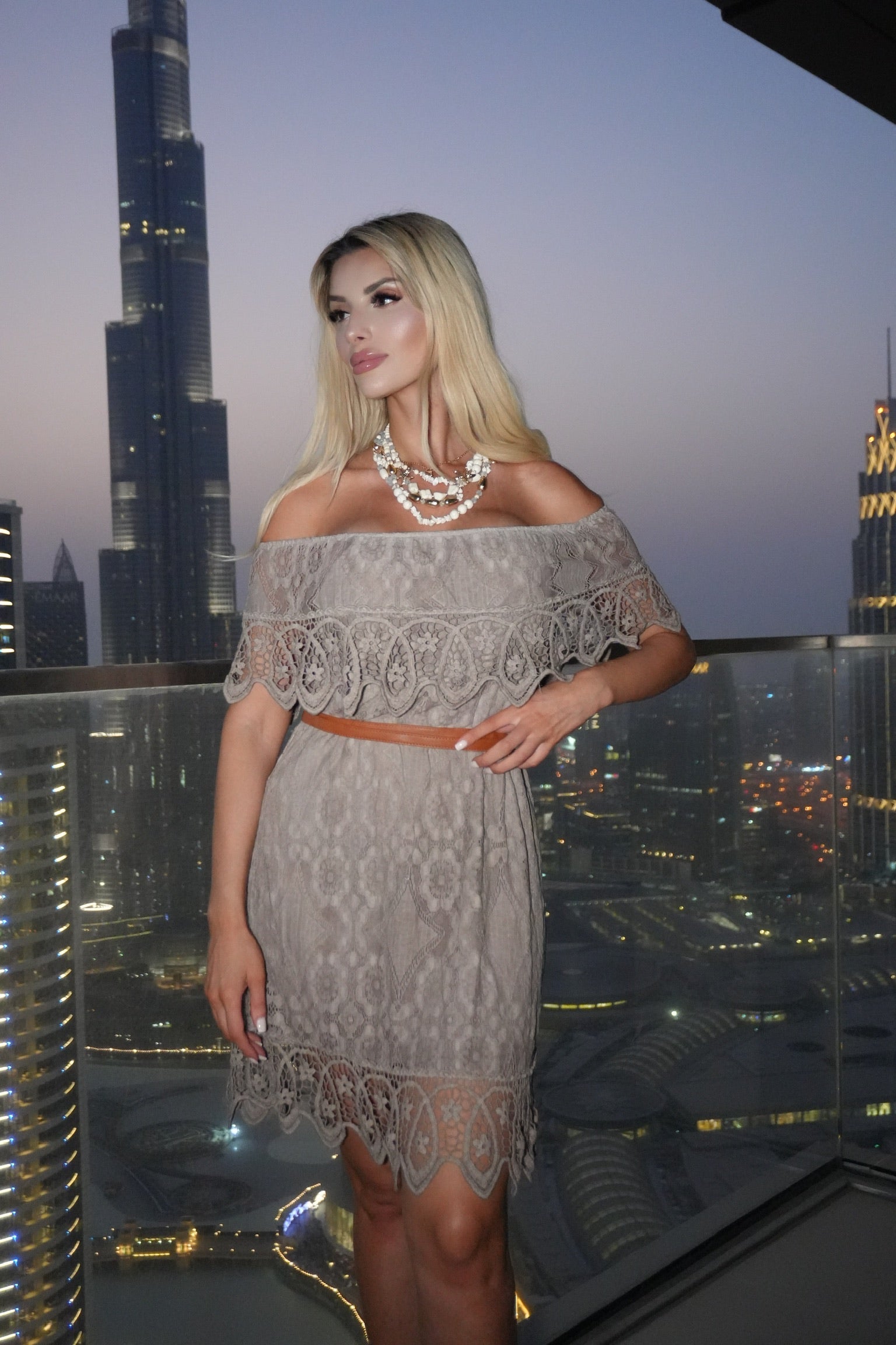 Saskia Lace Bardot Dress - Mocha