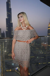 Saskia Lace Bardot Dress - Mocha