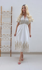 Female model wearing Zara Gold Embroidered Midi Dress - White- showcasing the latest ladies fashion with free delivery