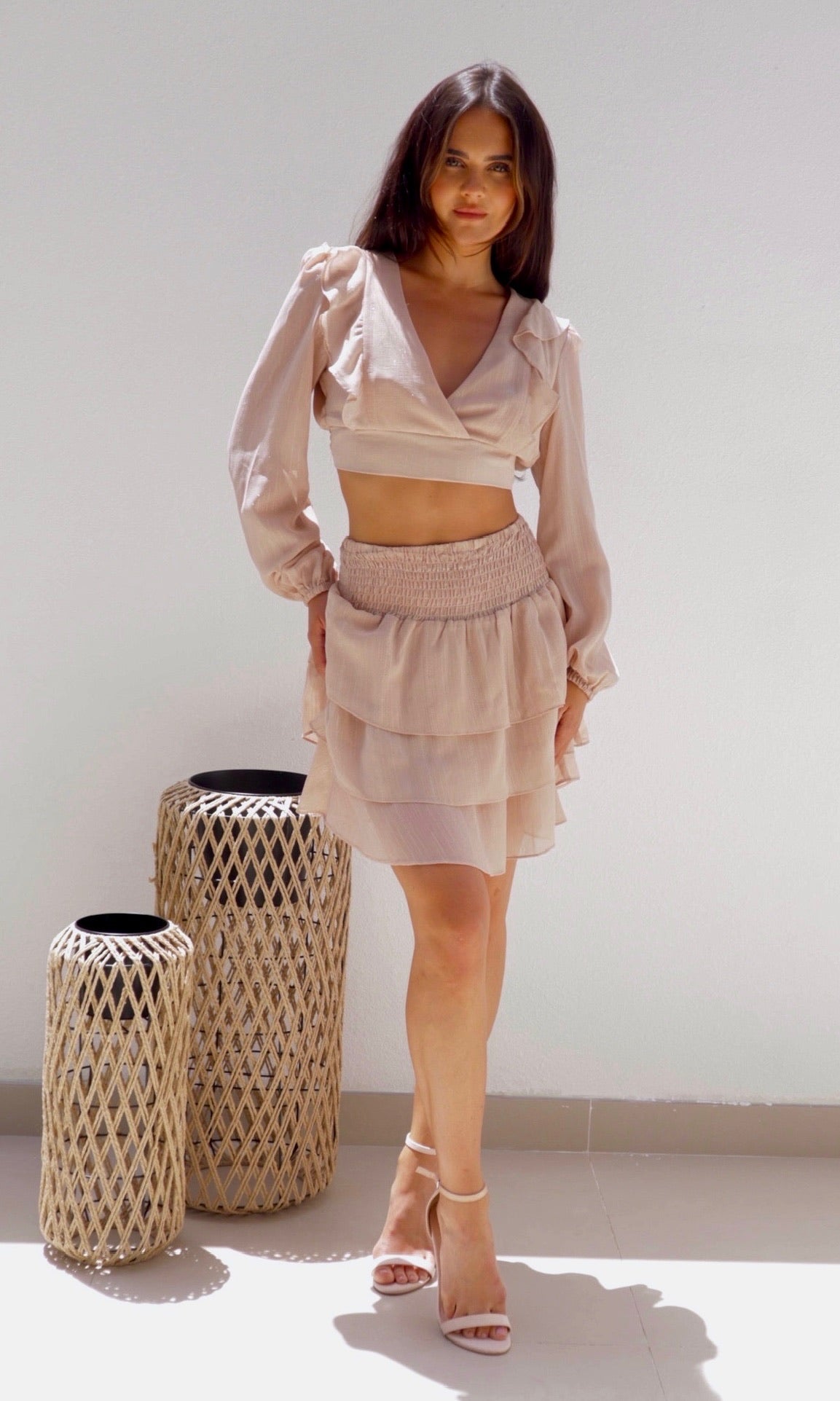Female model wearing Freya Lurex Co-ord - Natural- showcasing the latest ladies fashion with free delivery