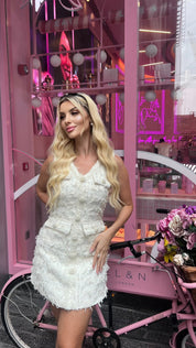 Female model wearing Colette Tweed and Pearl Dress - Cream- showcasing the latest ladies fashion with free delivery