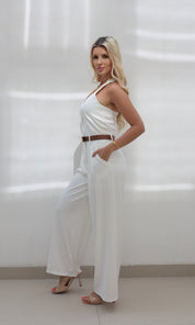 Female model wearing Celine halter neck Jumpsuit - White- showcasing the latest ladies fashion with free delivery