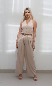 Female model wearing Celine halter neck Jumpsuit - Beige- showcasing the latest ladies fashion with free delivery