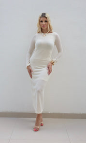 Female model wearing Alika backless Dress- Cream- showcasing the latest ladies fashion with free delivery