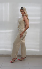 Female model wearing Mimi Halter Top - Beige- showcasing the latest ladies fashion with free delivery