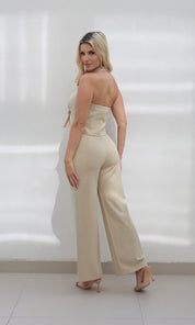 Female model wearing Mimi High Waist Trouser - Beige- showcasing the latest ladies fashion with free delivery