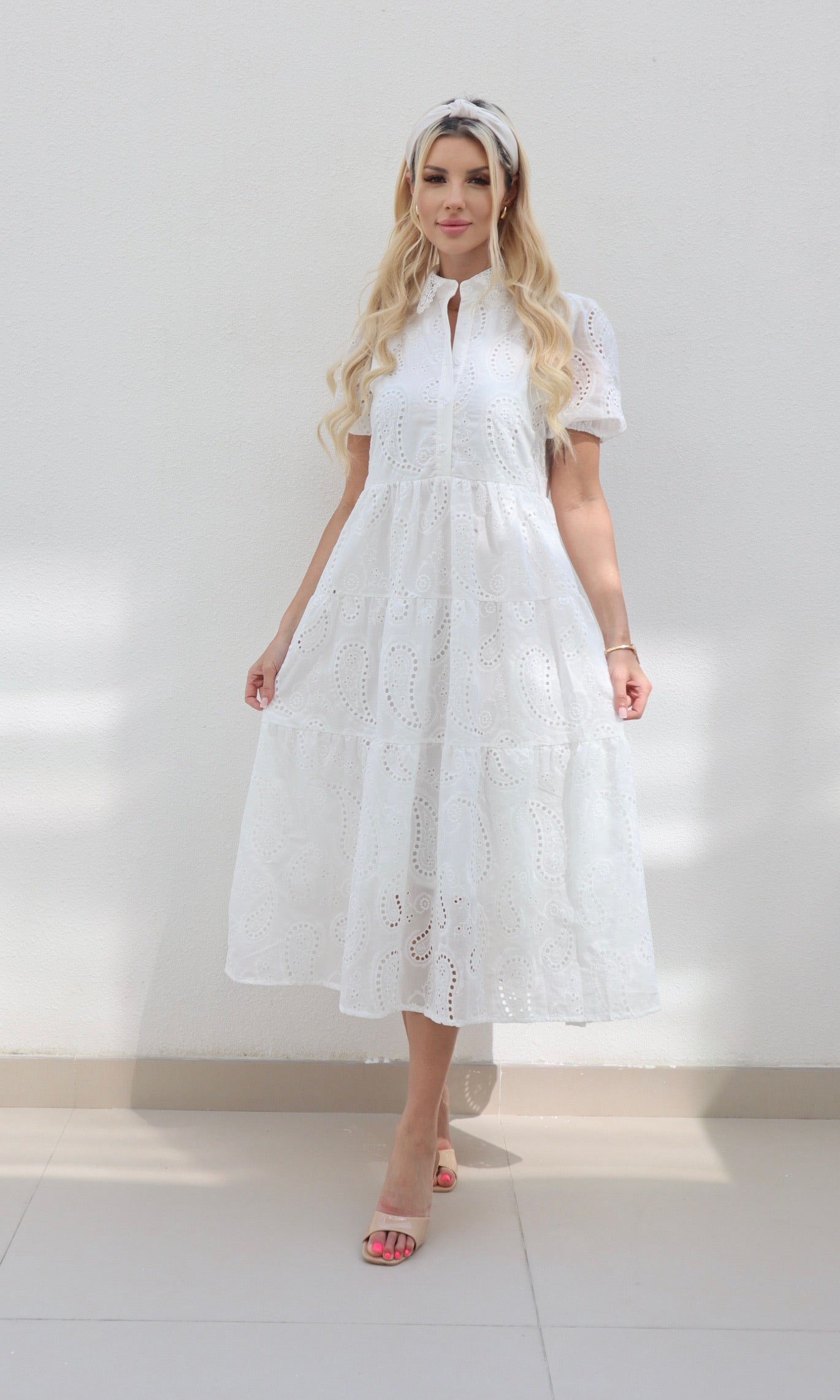Female model wearing Amarilla Embroidered Shirt Dress -White- showcasing the latest ladies fashion with free delivery