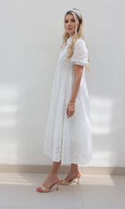 Female model wearing Amarilla Embroidered Shirt Dress -White- showcasing the latest ladies fashion with free delivery