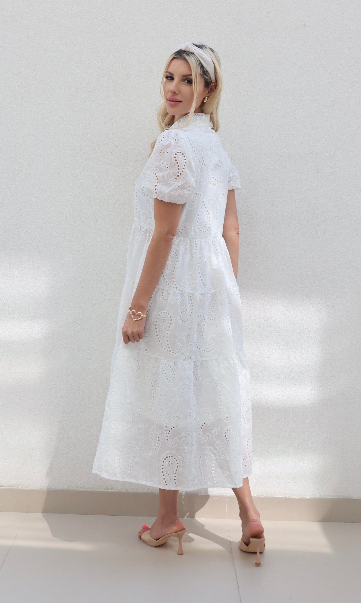 Female model wearing Amarilla Embroidered Shirt Dress -White- showcasing the latest ladies fashion with free delivery