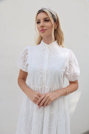 Female model wearing Amarilla Embroidered Shirt Dress -White- showcasing the latest ladies fashion with free delivery
