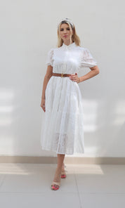 Female model wearing Amarilla Embroidered Shirt Dress -White- showcasing the latest ladies fashion with free delivery