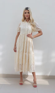 Female model wearing Amarilla Embroidered Shirt Dress - Cream- showcasing the latest ladies fashion with free delivery