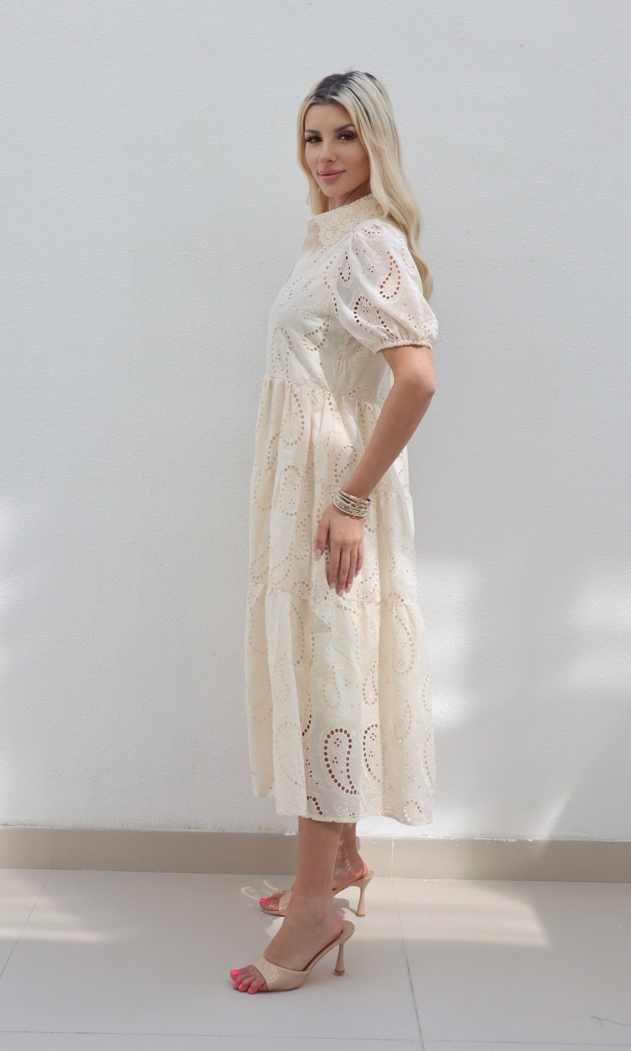 Female model wearing Amarilla Embroidered Shirt Dress - Cream- showcasing the latest ladies fashion with free delivery
