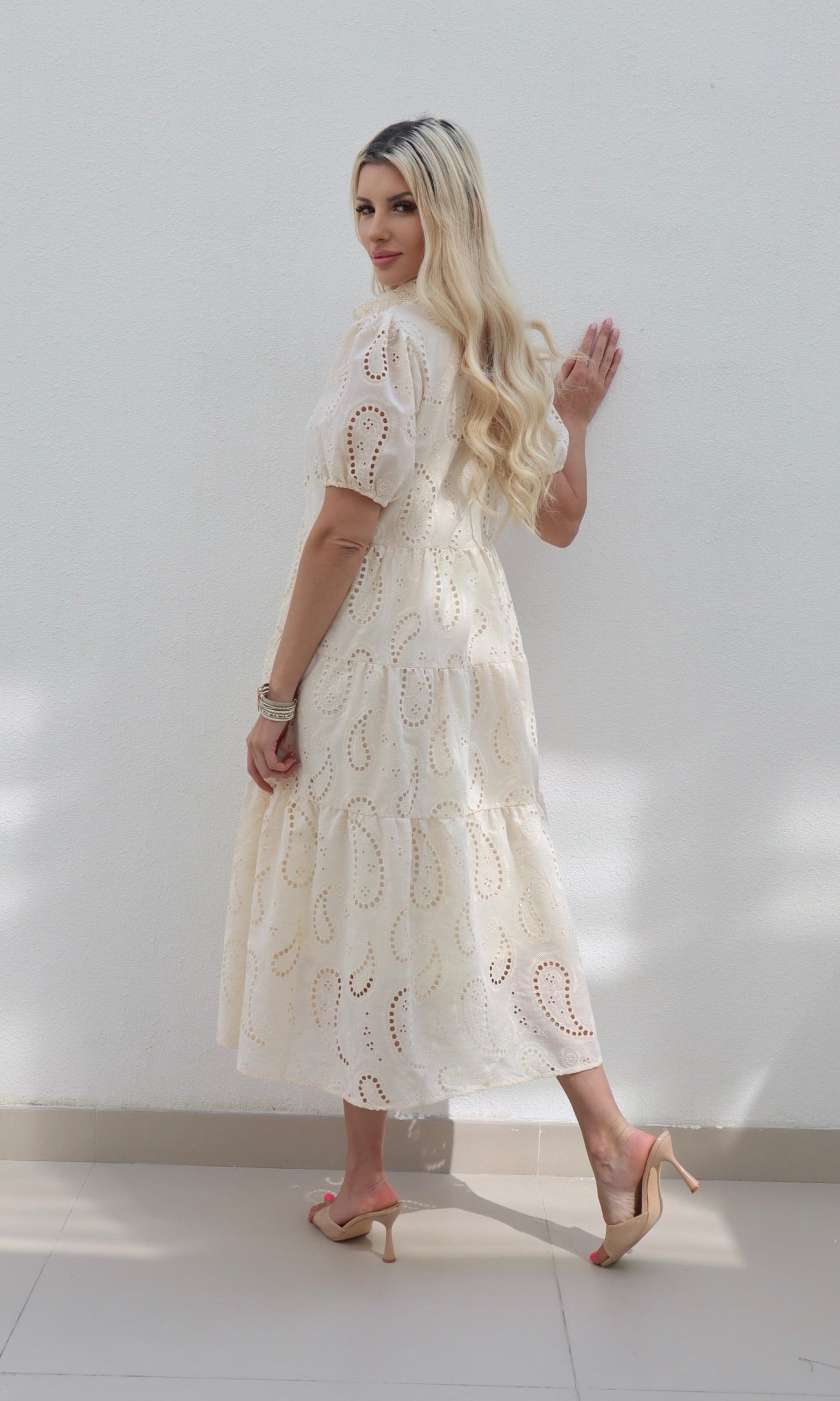 Female model wearing Amarilla Embroidered Shirt Dress - Cream- showcasing the latest ladies fashion with free delivery