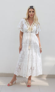 Female model wearing Kayley gold trim crochet maxi - White- showcasing the latest ladies fashion with free delivery