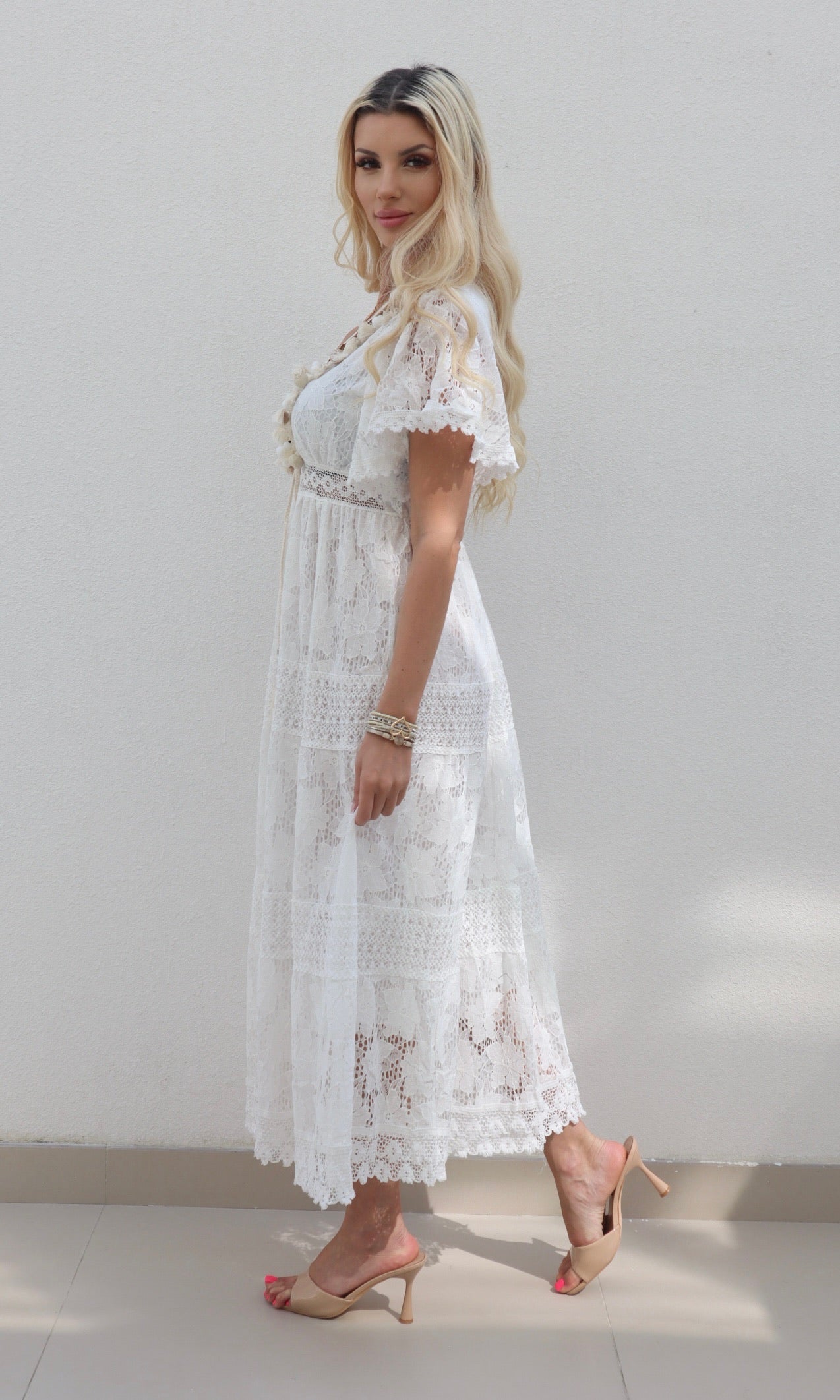 Female model wearing Kayley gold trim crochet maxi - White- showcasing the latest ladies fashion with free delivery