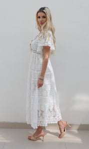 Female model wearing Kayley gold trim crochet maxi - White- showcasing the latest ladies fashion with free delivery