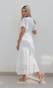 Female model wearing Kayley gold trim crochet maxi - White- showcasing the latest ladies fashion with free delivery