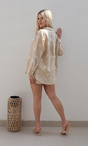 Female model wearing Nova Embroidered Shirt - Beige- showcasing the latest ladies fashion with free delivery