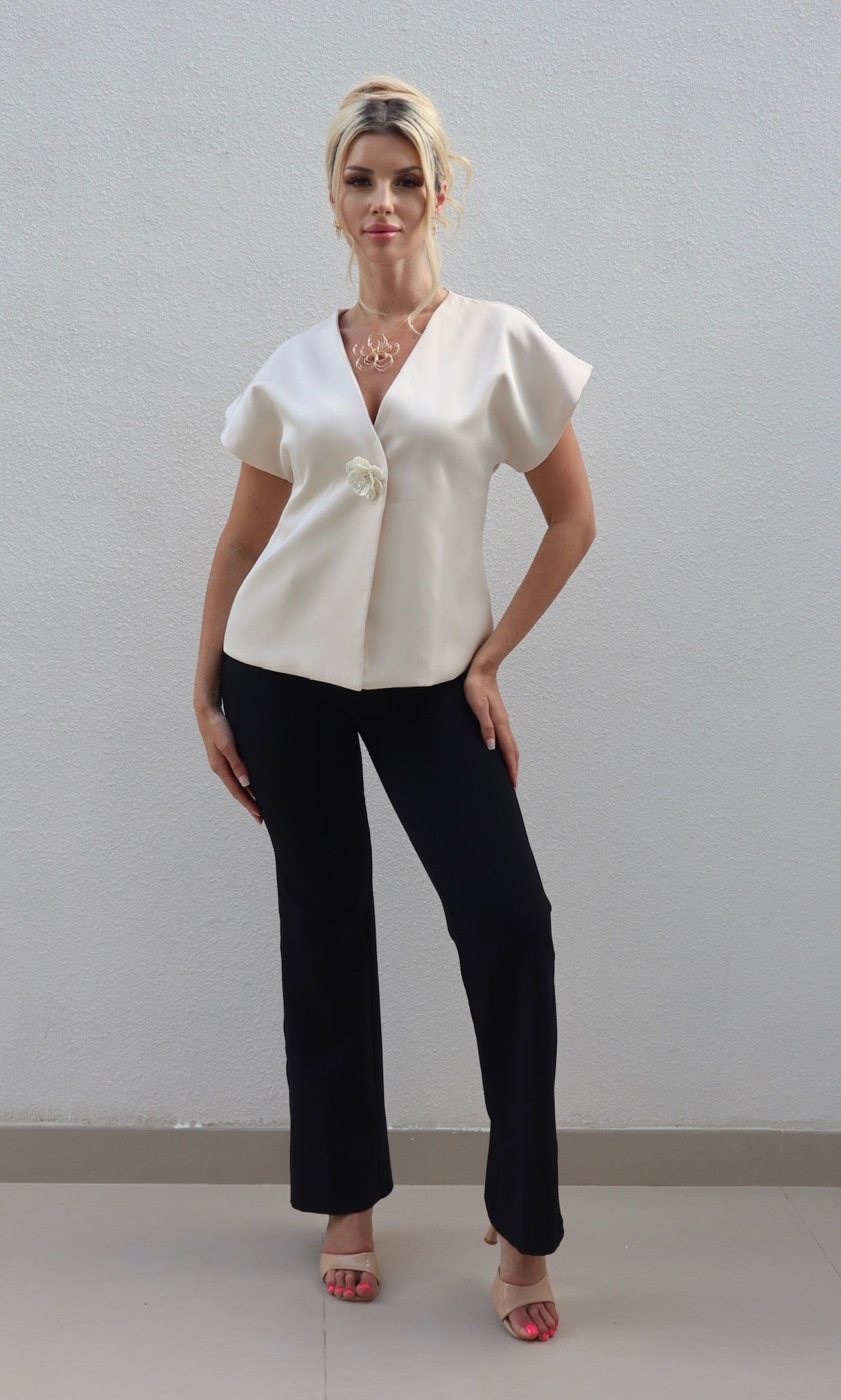 Female model wearing Angelica flower detail Jacket - Champagne- showcasing the latest ladies fashion with free delivery