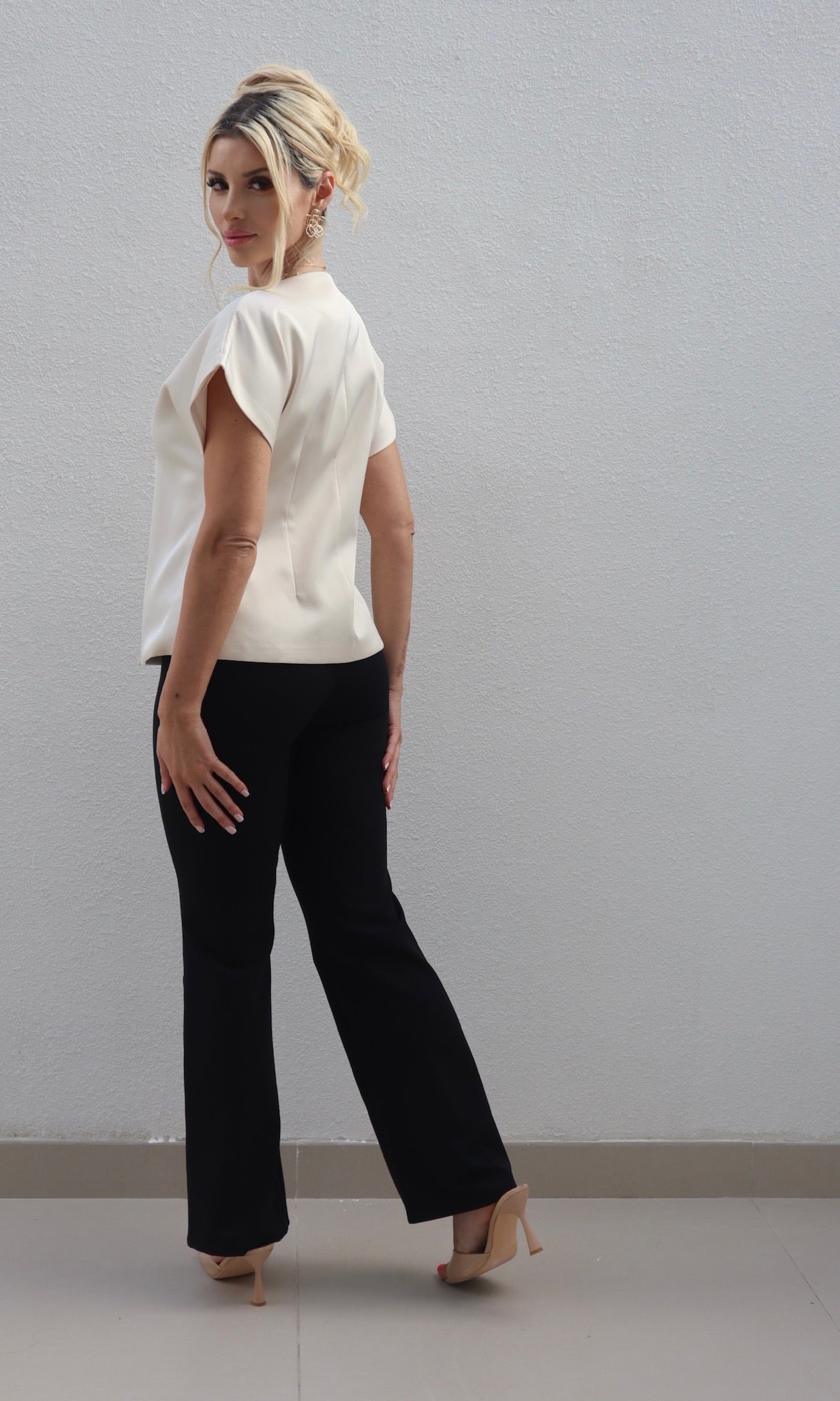 Female model wearing Angelica flower detail Jacket - Champagne- showcasing the latest ladies fashion with free delivery