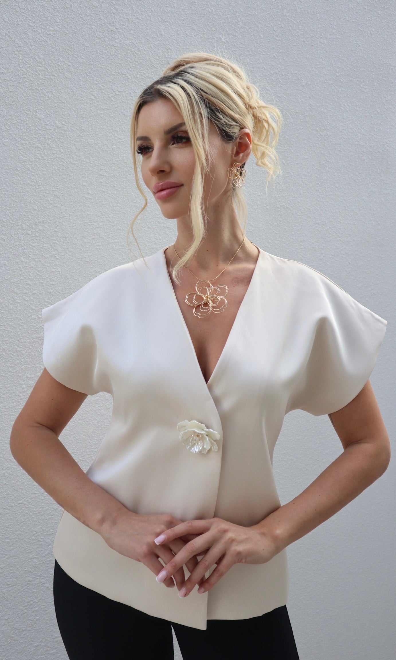 Female model wearing Angelica flower detail Jacket - Champagne- showcasing the latest ladies fashion with free delivery