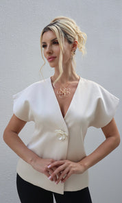 Female model wearing Angelica flower detail Jacket - Champagne- showcasing the latest ladies fashion with free delivery