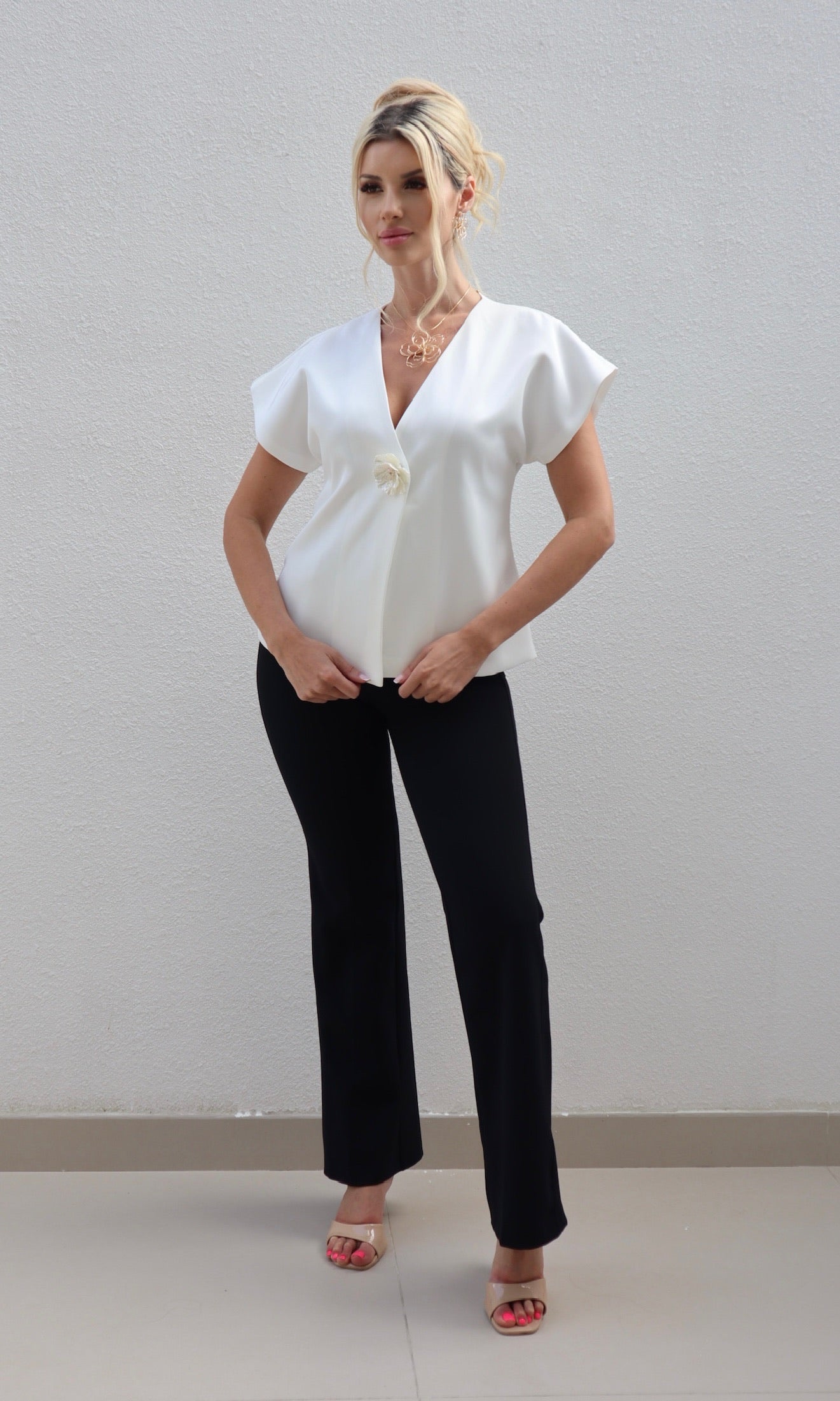 Female model wearing Angelica flower detail Jacket - White- showcasing the latest ladies fashion with free delivery