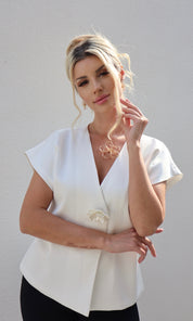 Female model wearing Angelica flower detail Jacket - White- showcasing the latest ladies fashion with free delivery