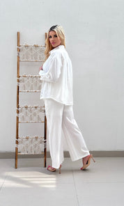 Female model wearing Tuscany Elasticated Trouser - White- showcasing the latest ladies fashion with free delivery