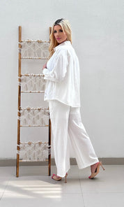 Female model wearing Tuscany Embroidered Shirt - White- showcasing the latest ladies fashion with free delivery