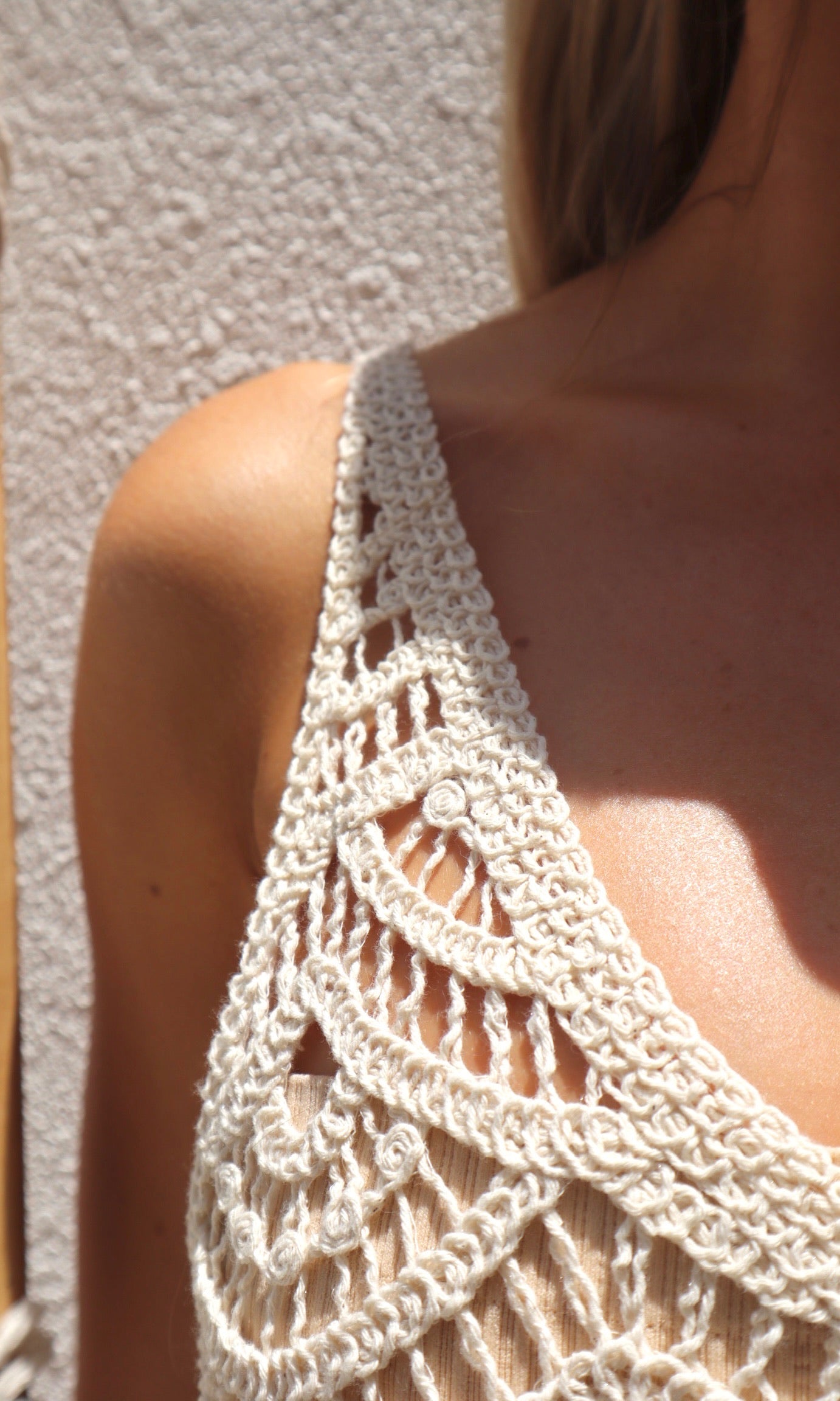 Female model wearing Amor Crochet Top - Cream- showcasing the latest ladies fashion with free delivery