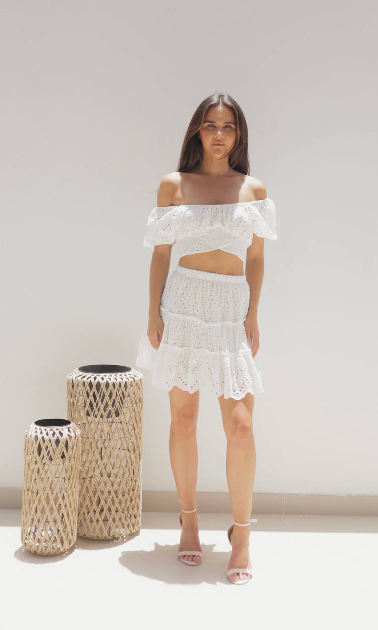 Female model wearing Claudia Co-ord - White- showcasing the latest ladies fashion with free delivery