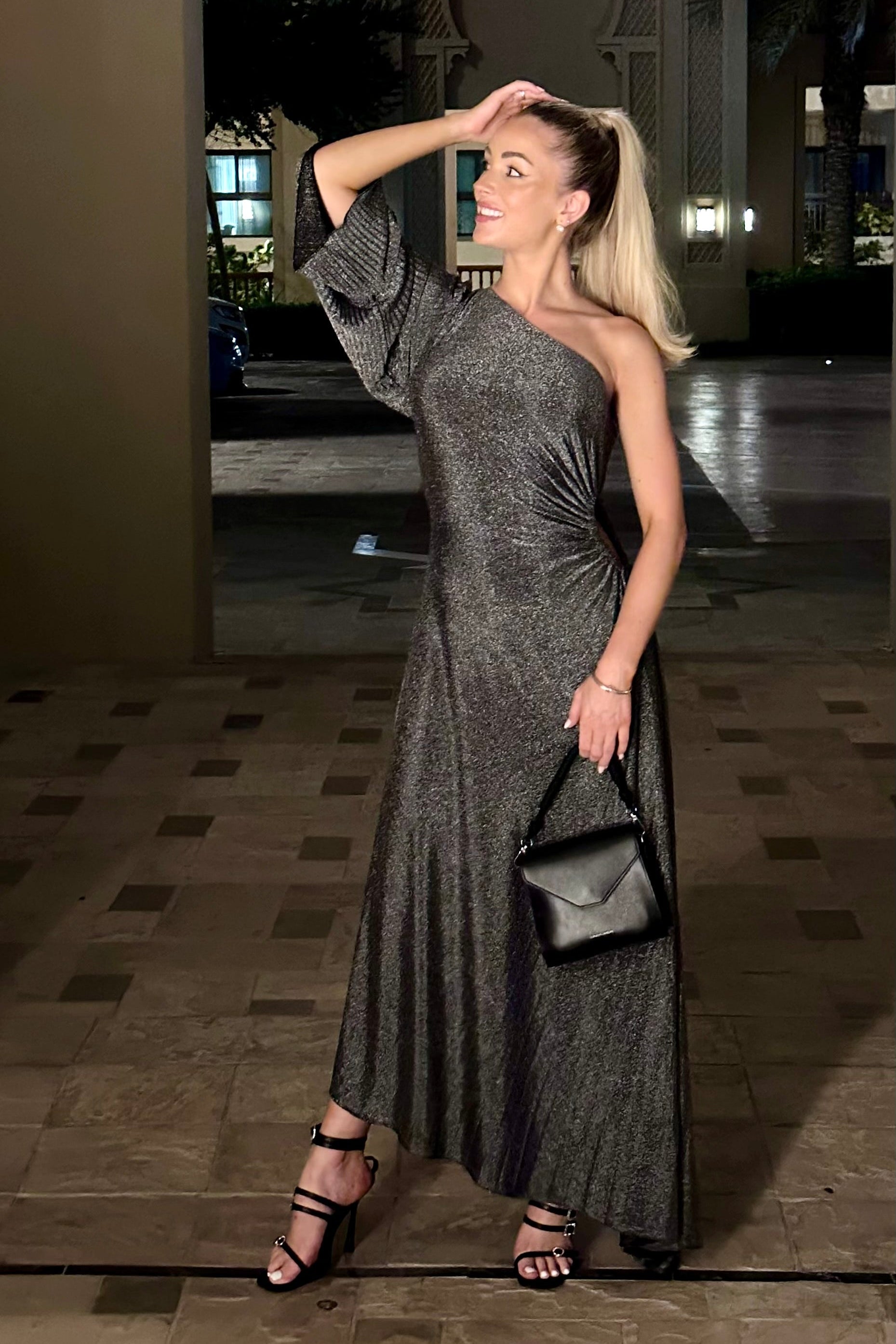 Female model wearing Arlia One Shouldered Dress - Silver- showcasing the latest ladies fashion with free delivery 
