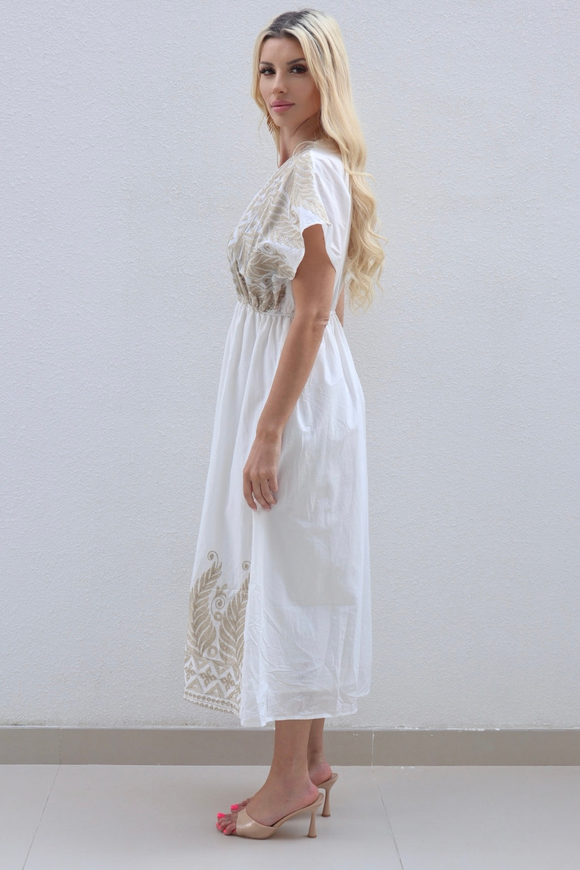 Zara Gold Embroidered Midi Dress - White Zara Gold Embroidered Midi Dress - White