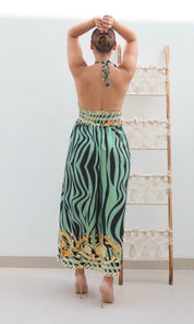 Female model wearing Saskia Halter Dress - Sage- showcasing the latest ladies fashion with free delivery 