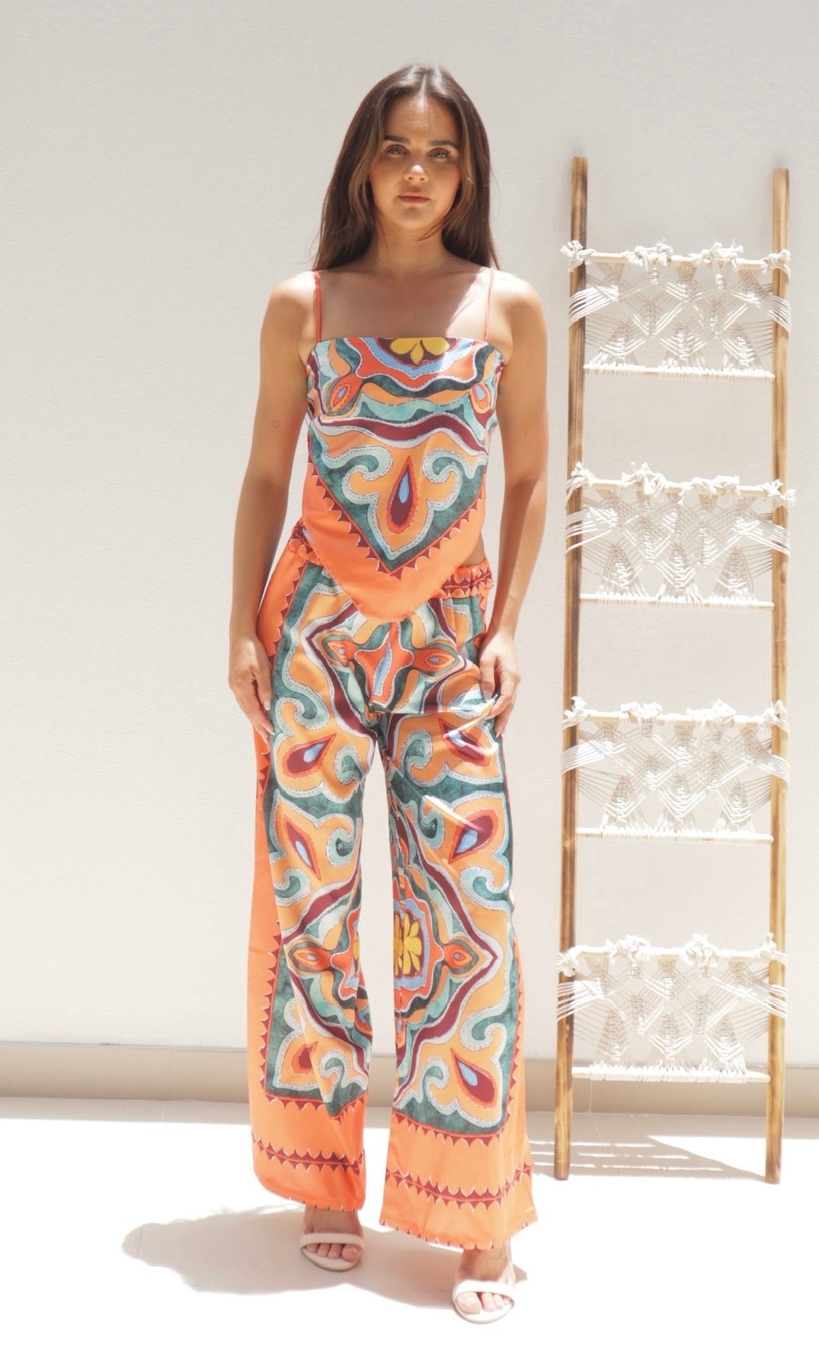 Female model wearing Kira Co-ord - Orange- showcasing the latest ladies fashion with free delivery 