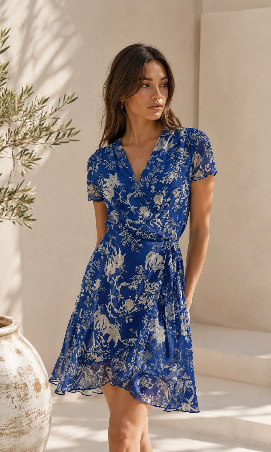 Rose Wrap Frill Mini Dress - Royal Blue