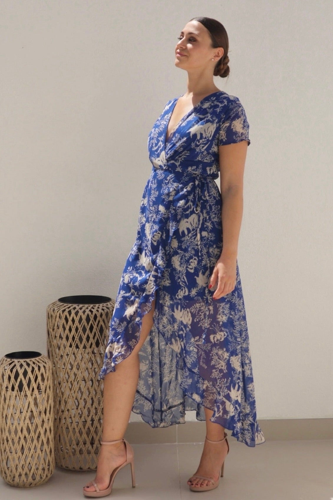 Female model wearing Madeline Wrap Frill Dress - Royal Blue- showcasing the latest ladies fashion with free delivery 