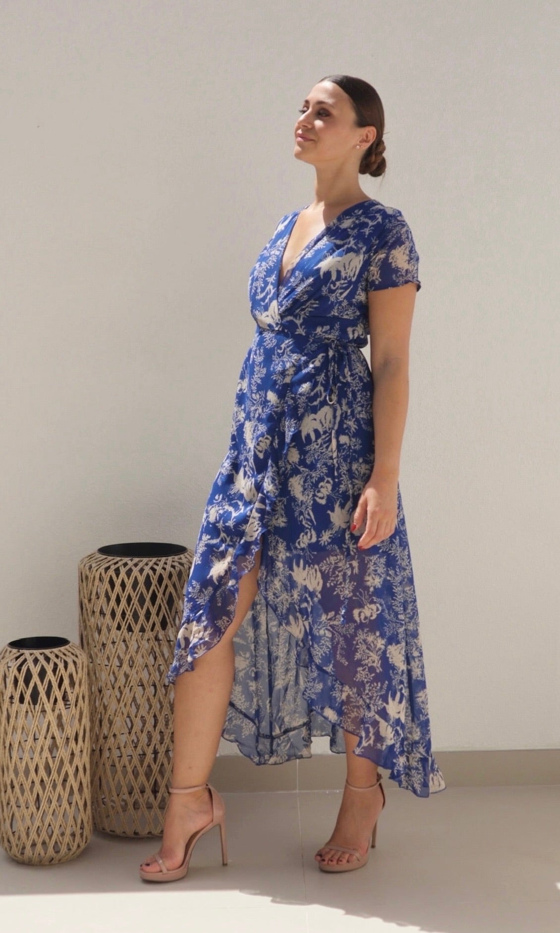 Female model wearing Madeline Wrap Frill Dress - Royal Blue- showcasing the latest ladies fashion with free delivery 